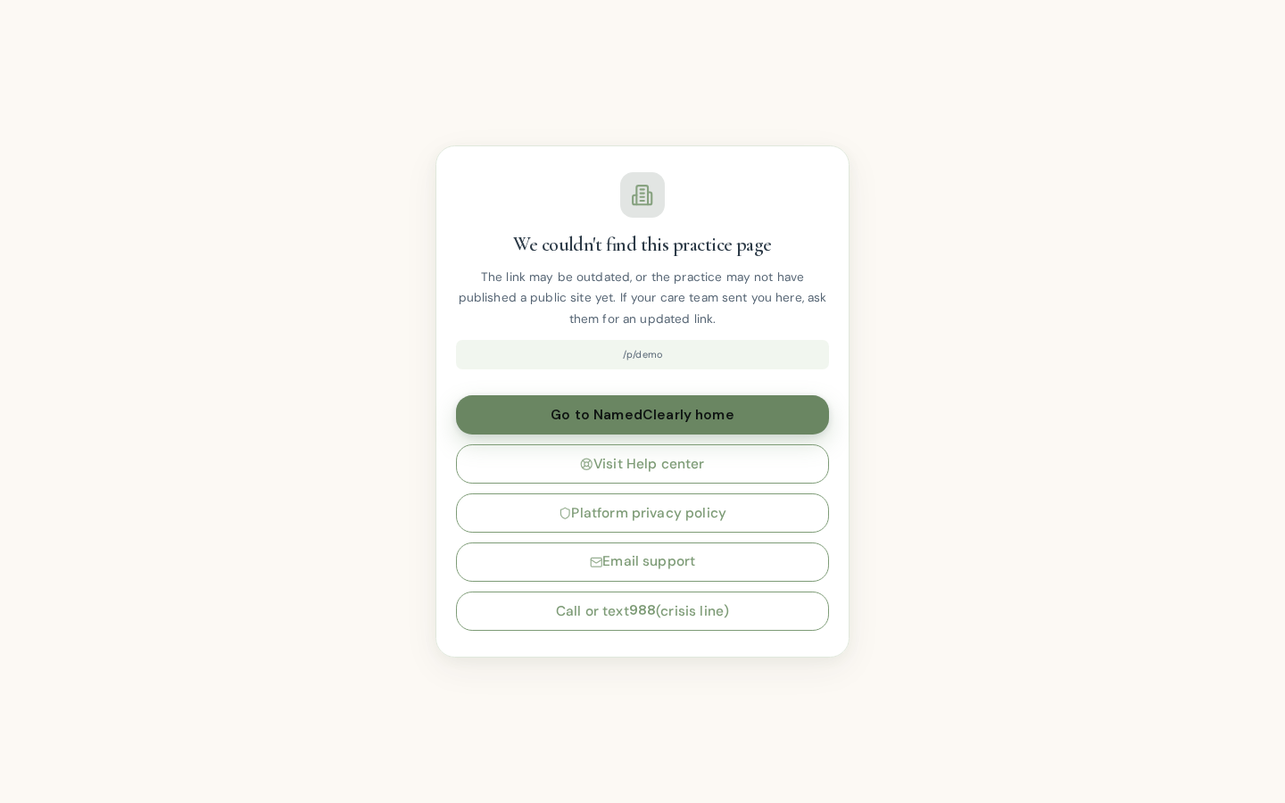 Screenshot: Public practice sites (`/p/…`), booking, and `/contact?practice=` for reaching a provider